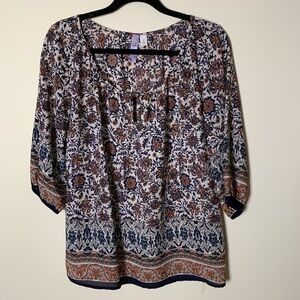 Alya Floral Navy and Tan Blouse Size Small